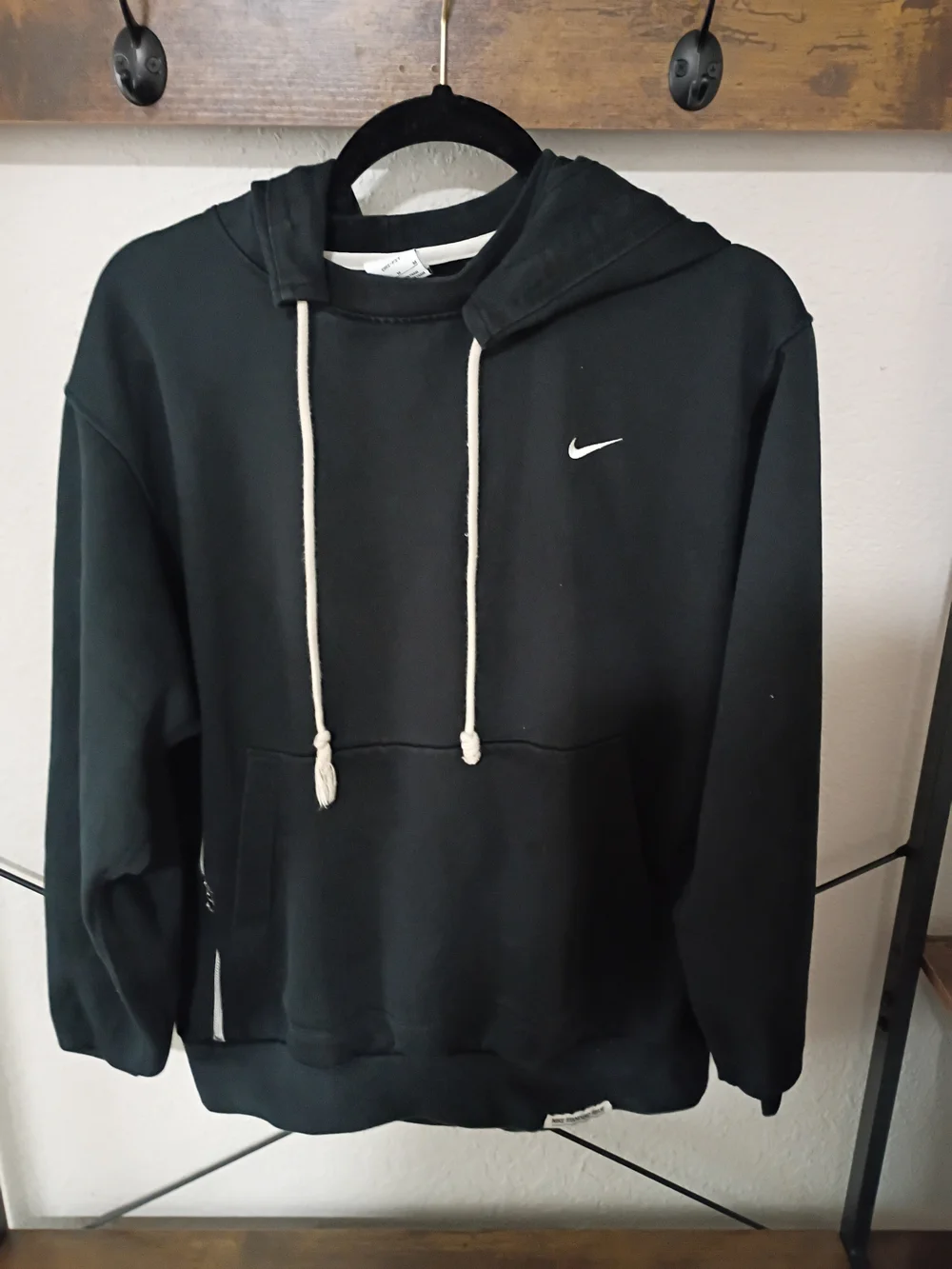 Nike Black Hoodie with White Swoosh and Cream Drawcords